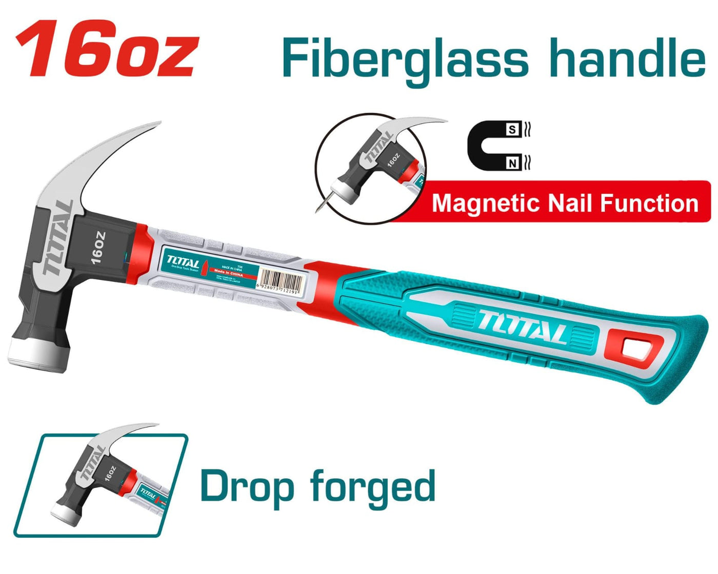 Claw Hammer – 16oz / 450g | TOTAL Brand | Magnetic Nail Function
