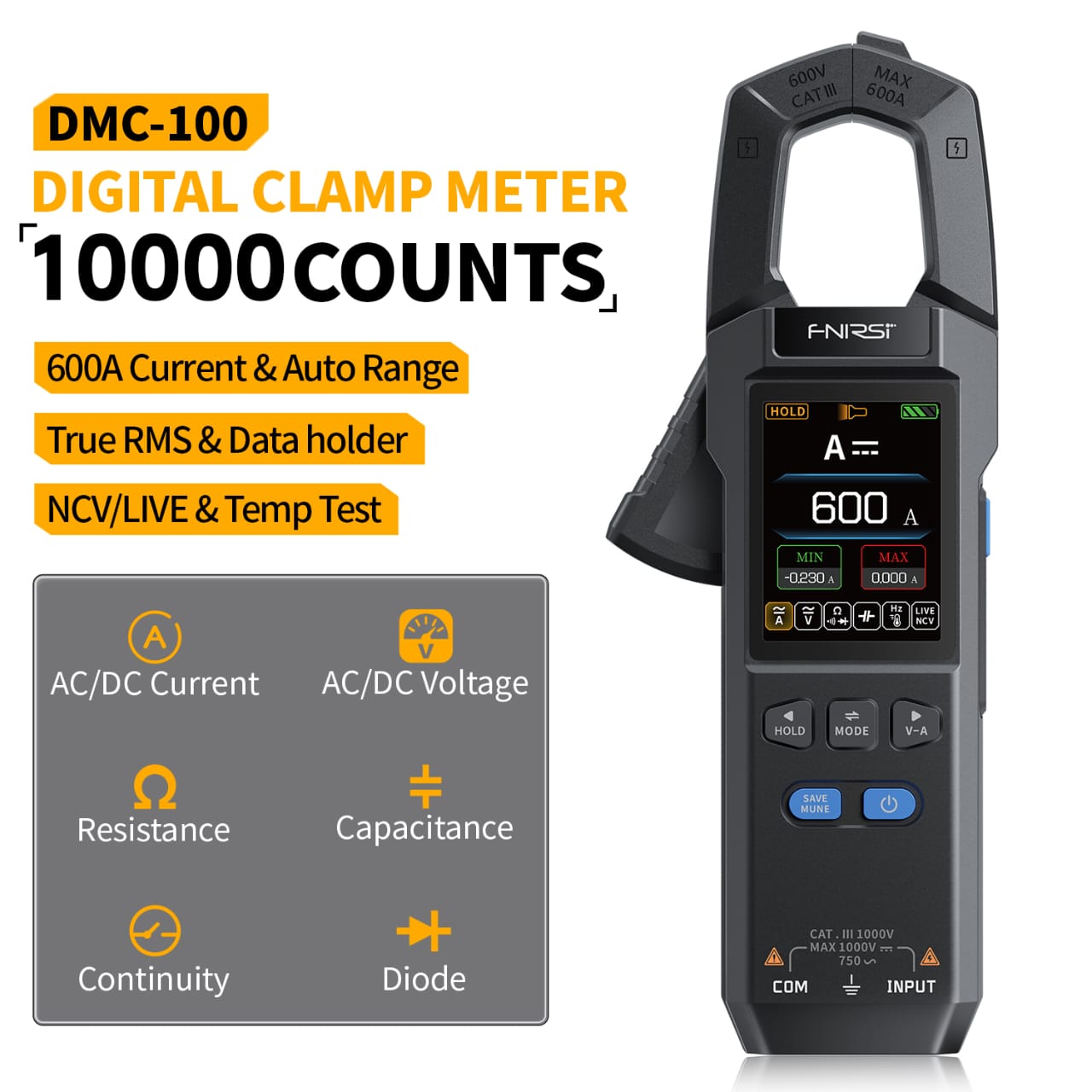 Digital Clamp Meter – FNIRSI DMC-100 | 600A True RMS | 10,000 Count Display