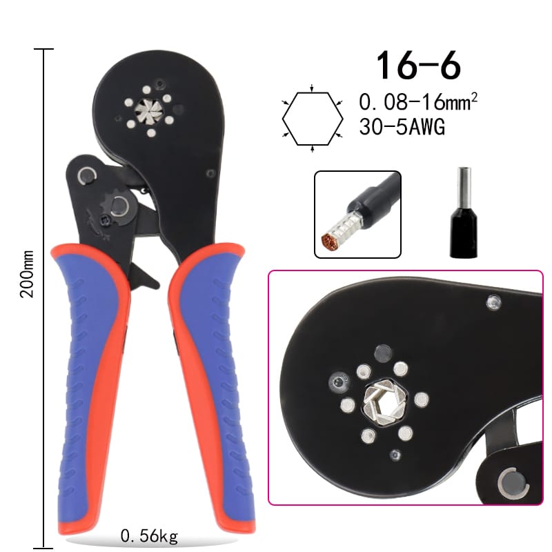 Hex Crimping Tool – YTH 16-6 | Self-Adjusting | Tubular Wire Ferrules | 0.08–16 mm² | 6-Sided Crimp